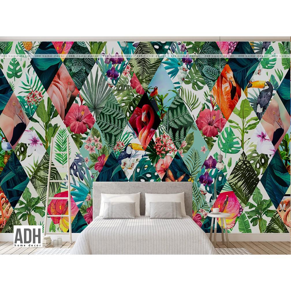 Tranh dán tường canvas hồng hạc và hoa ADHW016