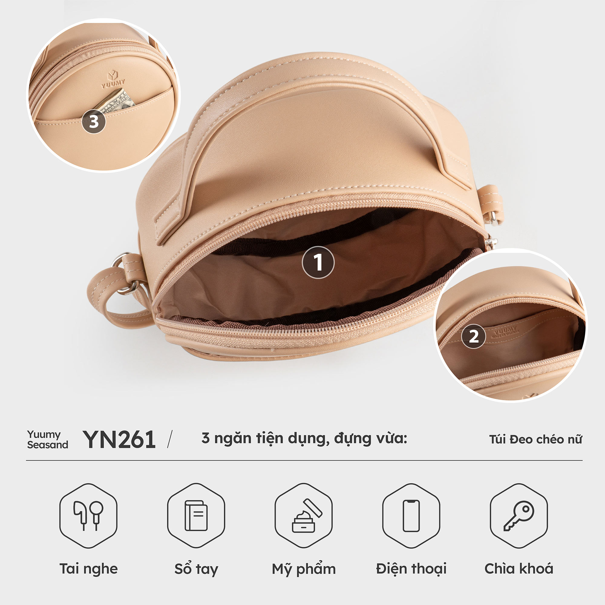 Túi Yuumy ( Thời trang nữ dáng tròn phối ngăn size 18 - Túi đeo chéo da Seasand YN261 )