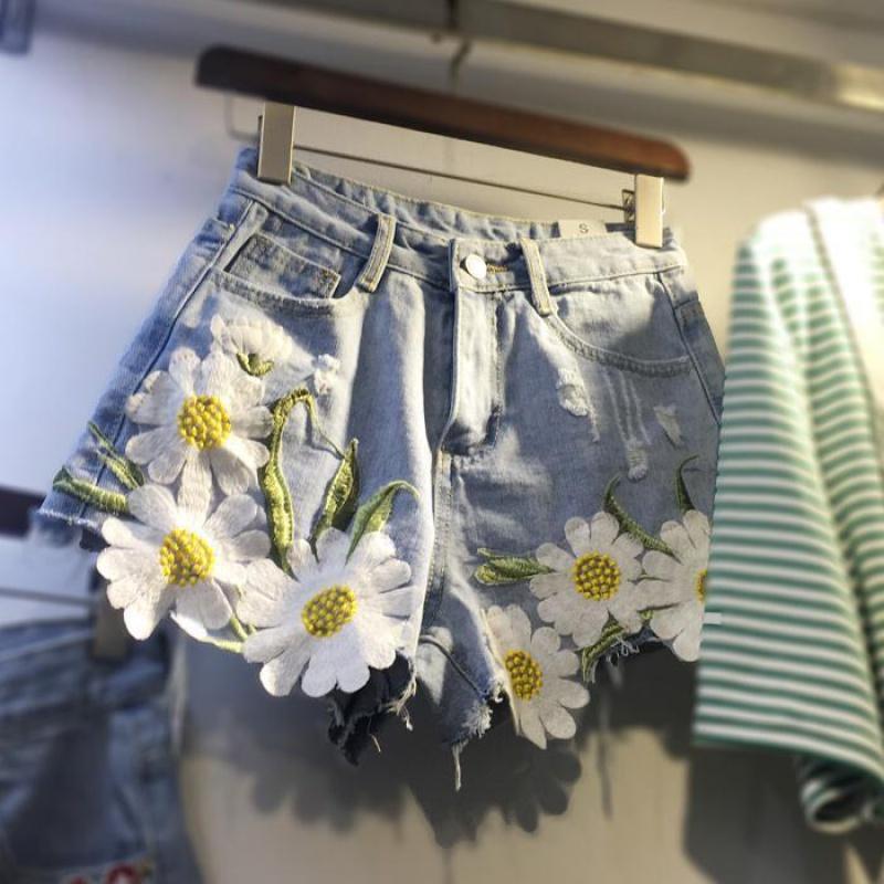 Quần Short Nữ Denim Lưng Cao Thêu Hoa Cúc Dáng Rộng Size Lớn mm200