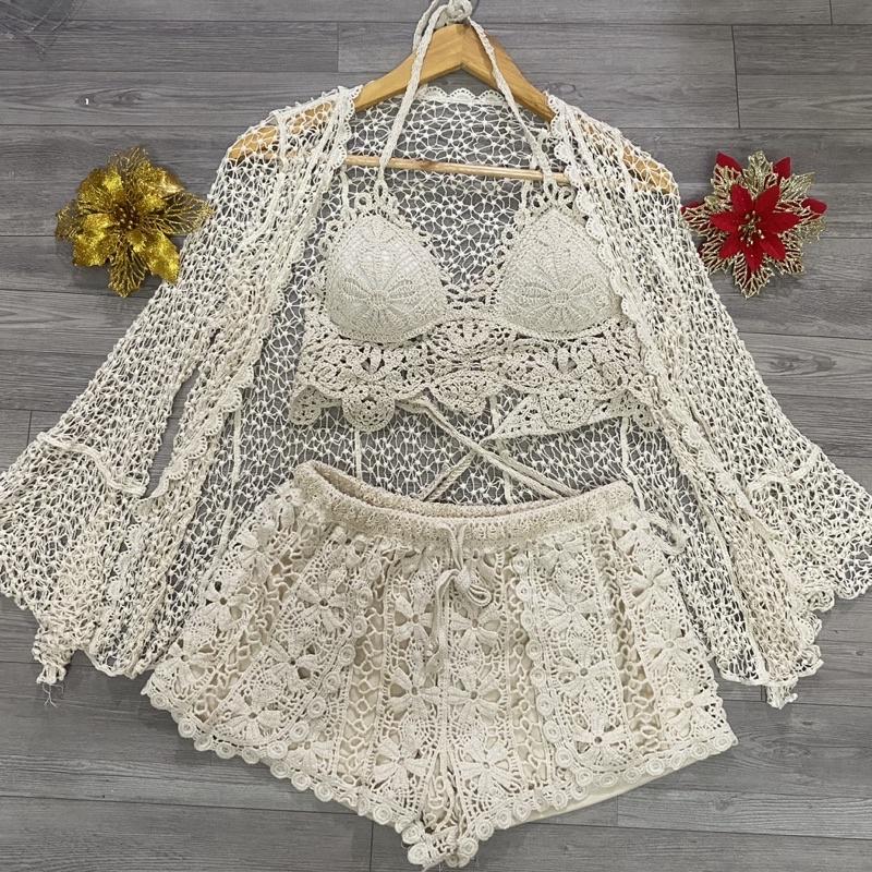 57-Set bikini đi biển 3 món len móc đồ bơi mùa hè 2023