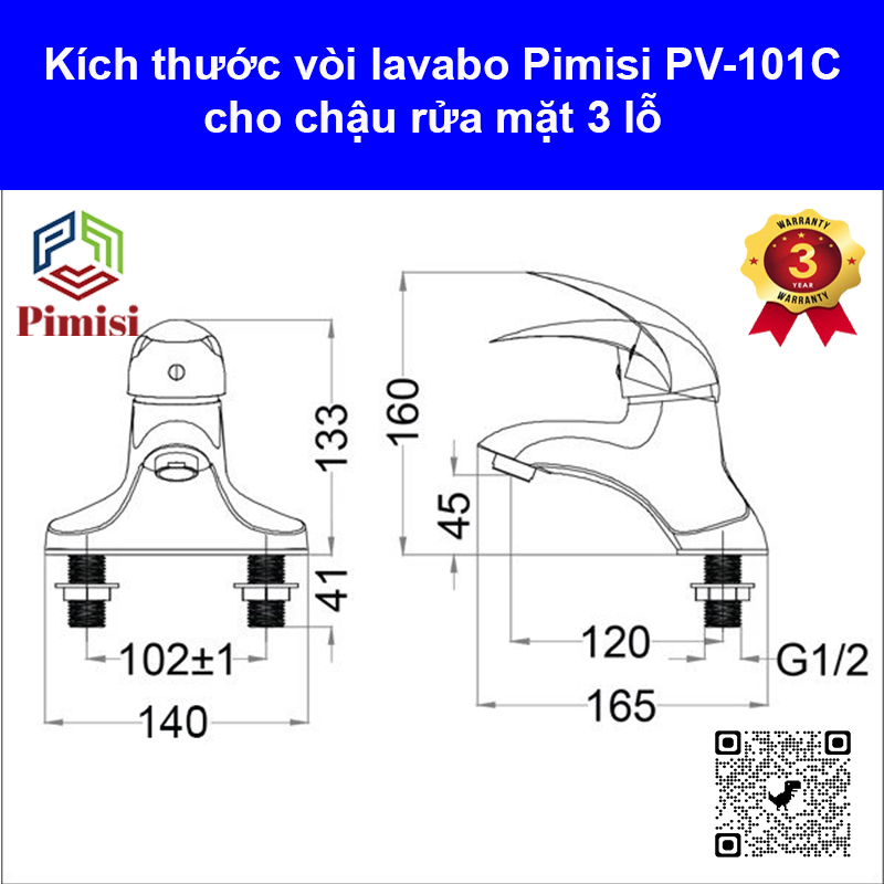 Vòi lavabo nóng lạnh Pimisi cho chậu rửa mặt 3 lỗ (2 chân) bằng đồng thau - mạ crom, niken sáng bóng dùng trong nhà tắm - điều chỉnh nước bằng gật gù nóng lạnh gắn trên bồn chậu rửa mặt treo tường đầy đủ phụ kiện xi phông và dây cấp nước | Hàng chính hãng