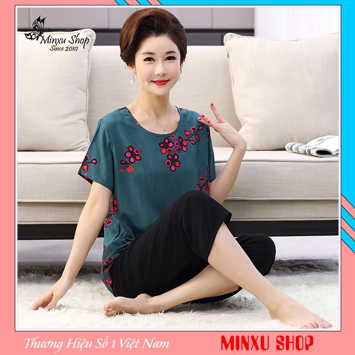 Bộ mặc nhà trung niên cách tân vải cotton lụa, áo ngắn tay quần lửng sang trong lịch sự cho bà cho mẹ (Mã N