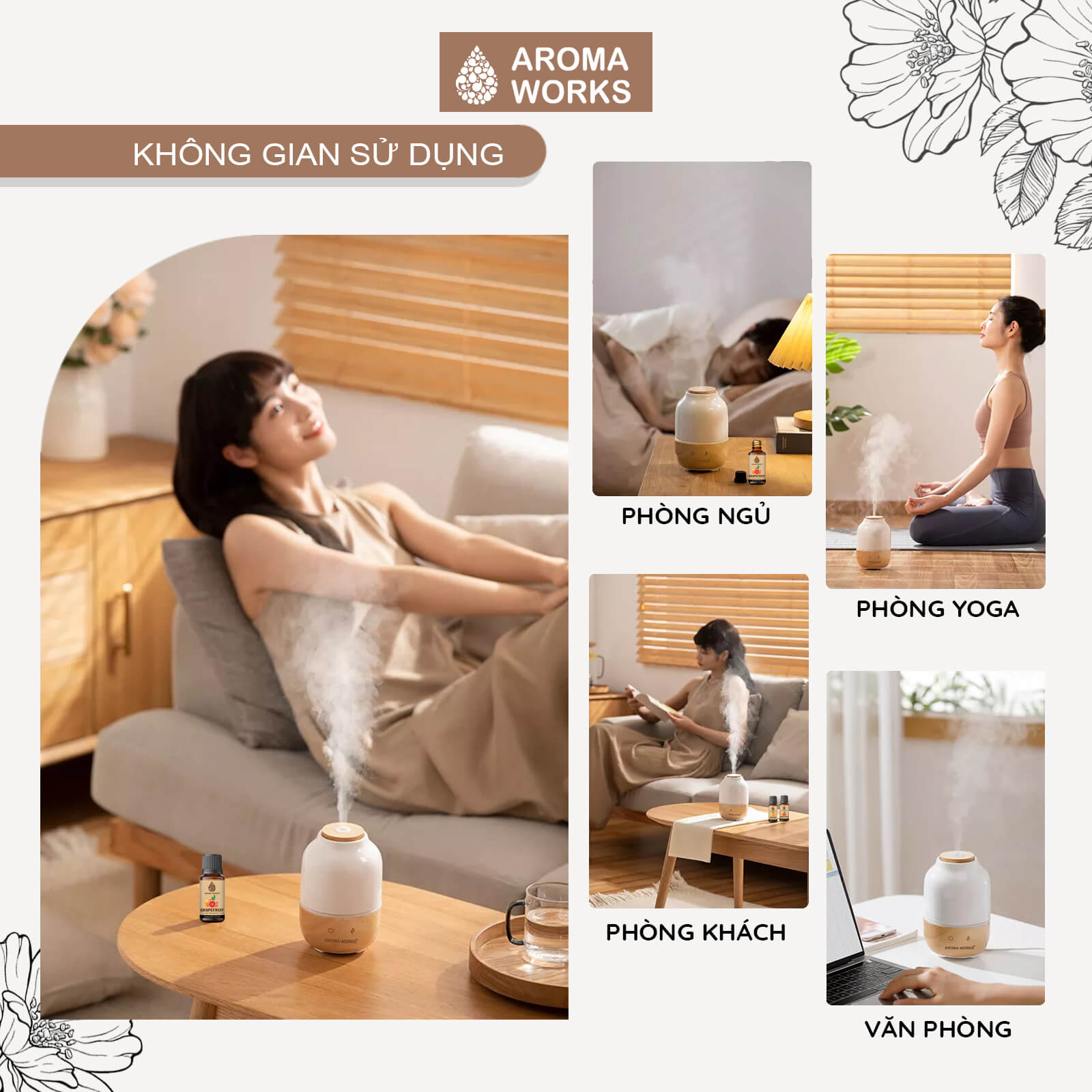 Máy xông tinh dầu Aroma Works xông phòng làm đèn ngủ, giúp khử mùi, đuổi muỗi, thanh lọc không khí, dễ ngủ