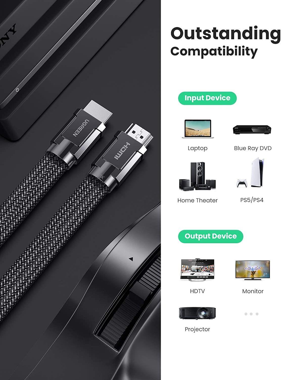 Ugreen UG20228HD145TK 2m Flat 2.1 hdmi 8k 60hz 48Gpbs M / M Zinc Alloy Braided Cable 4k 120hz - HÀNG CHÍNH HÃNG