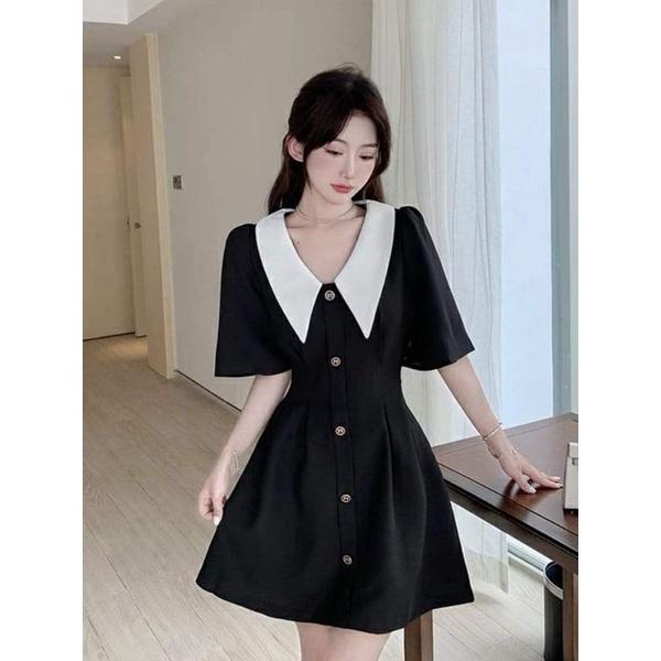 Đầm xòe cổ sen phối màu tay loe 6 nút hoa xinh xắn