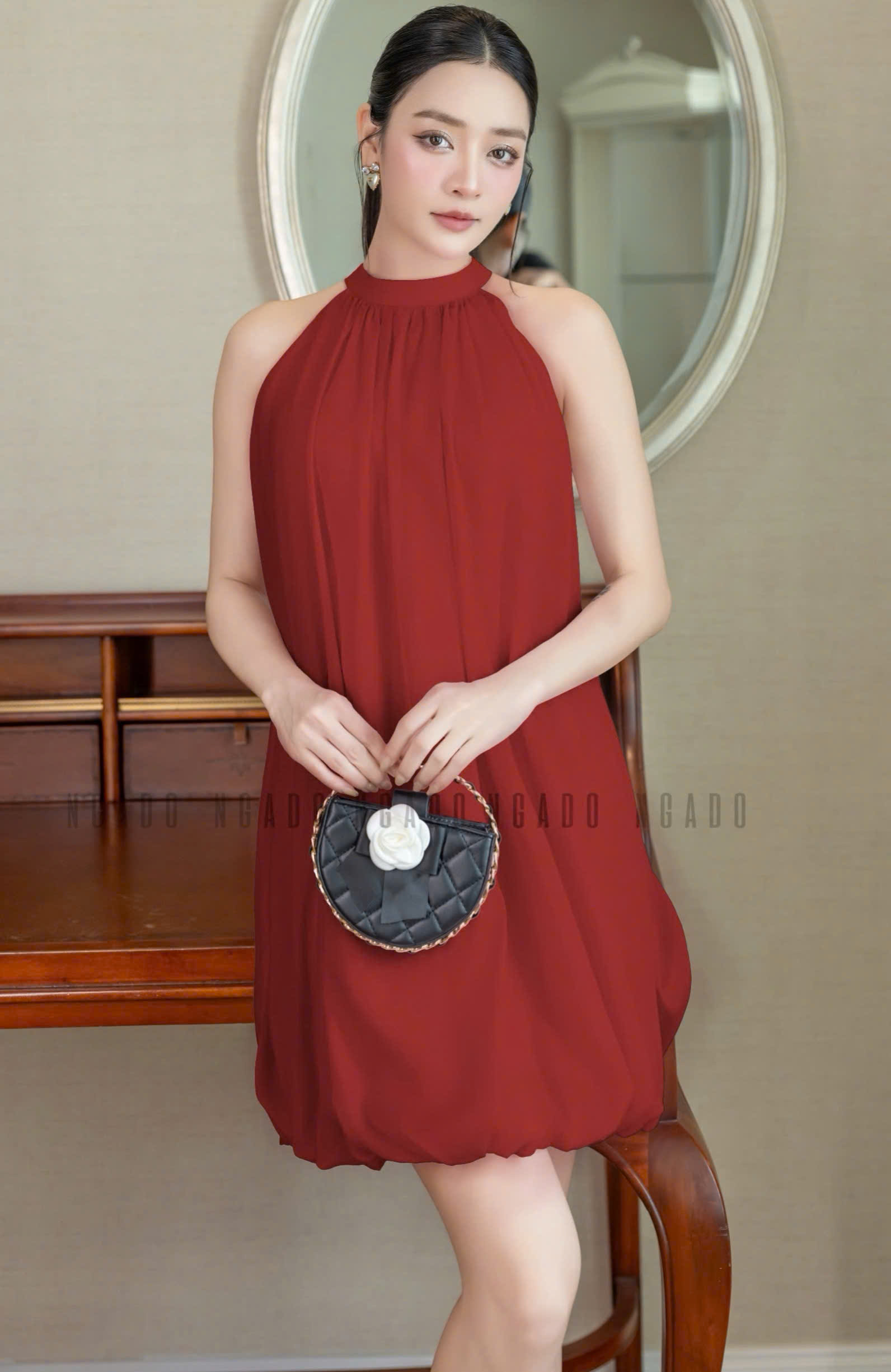 Đầm bí đỏ cổ yếm NGADO , đầm cổ yếm , đầm dự tiệc , dạo phố