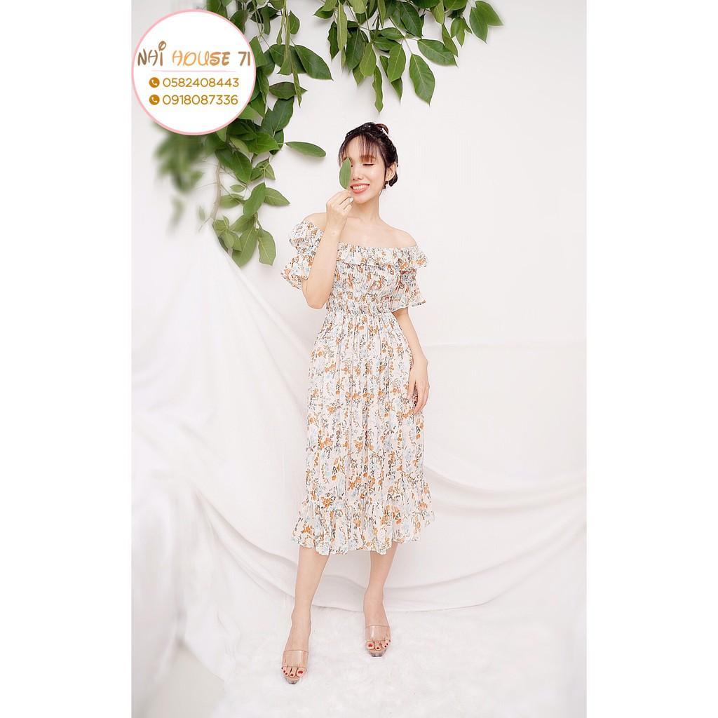Đầm Voan Hoa NHIHOUSE71 Dáng Xòe Qa Gối bẹt Vai Dún Chỉ Freesize Dưới 56kg