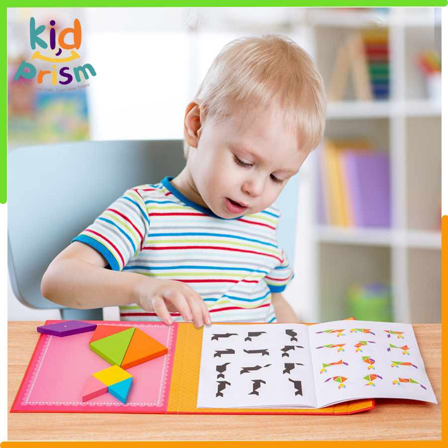 Đồ chơi xếp hìnhTangram bằng gỗ an toàn, có nam châm hút và kèm sách hướng dẫn (Giáo cụ Montessori)