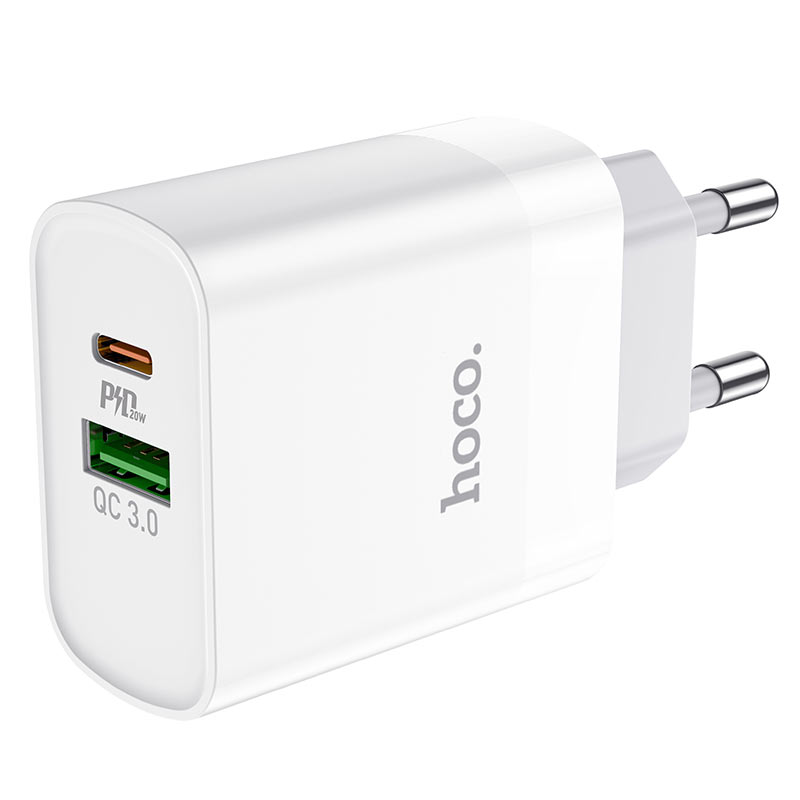 Củ sạc chân tròn Hoco C80A sạc nhanh PD20W thiết kế tiện lợi với cổng Type-C và Usb cho điện thoại - Hàng chính hãng