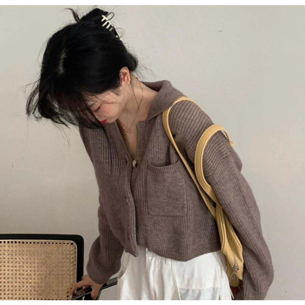 MS807 Áo len nữ dệt kim sợ to túi ngực cổ bẻ croptop