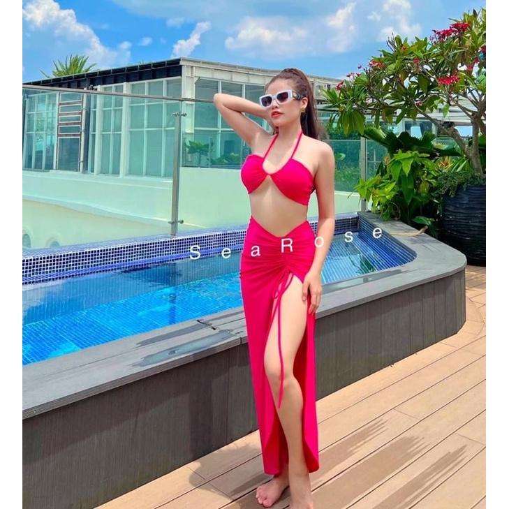 Set bikini 3 mảnh kèm chân váy màu hồng sang chảnh