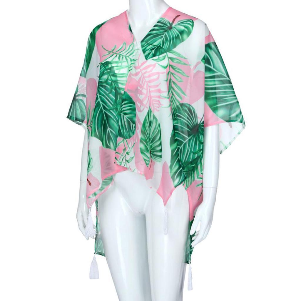 Women's Beach Cover Up Kimono Cardigan Tropical Leaves Tassels Design Soft Chiffon Blouse Shawl Top M-XL