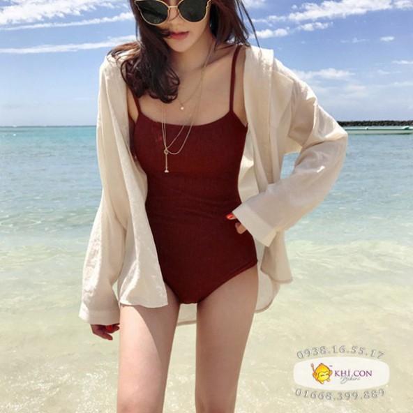 Bikini 1 mảnh đỏ đô thun gân cao cấp