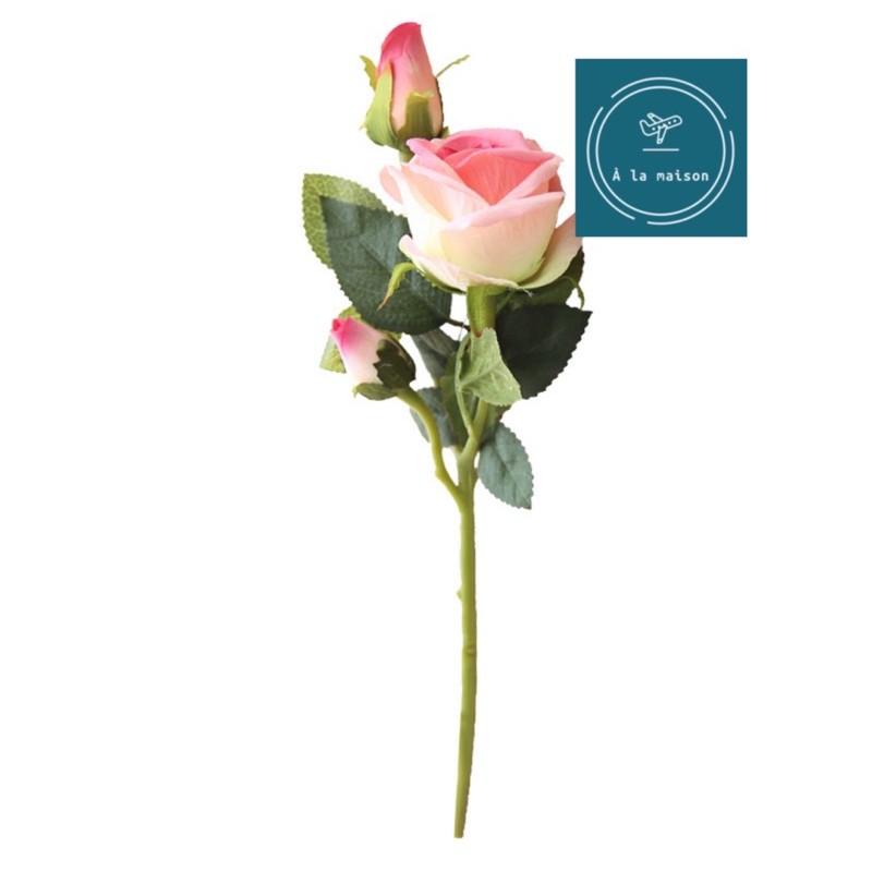 Hoa lụa - Cành hồng ngoại phủ nhung 37cm, một cành một bông 2 nụ trang trí sang trọng