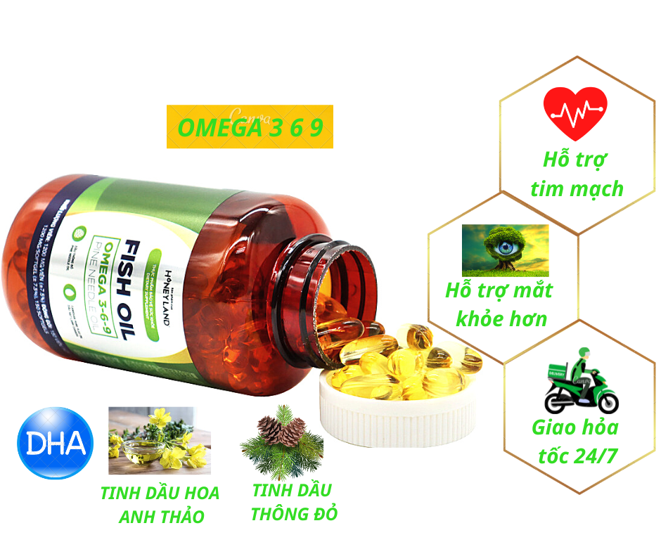 Omega 369 HONEYLAND 100 Viên, Hỗ Trợ Hệ Tim Mạch , Trí Não , Tăng Cường Thị Lực , Sáng Mắt