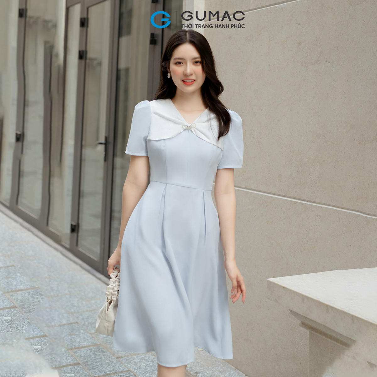 Đầm A cổ phối nơ GUMAC DD05043