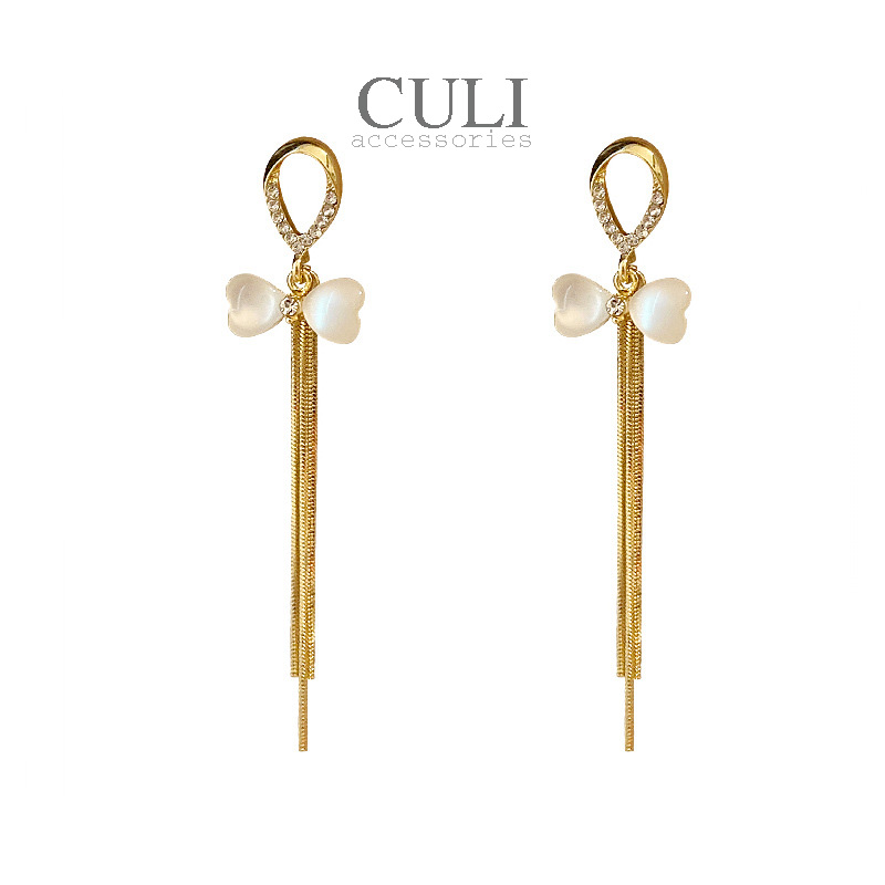 Khuyên tai dáng dài tua rua, hình nơ kết xà cừ HT609 - Culi accessories