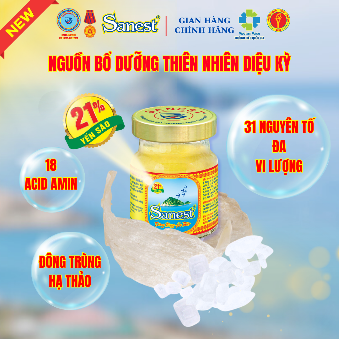NEW [ Combo 30 lọ] Nước Yến sào Khánh Hòa Sanest 21% - Đông Trùng Hạ Thảo