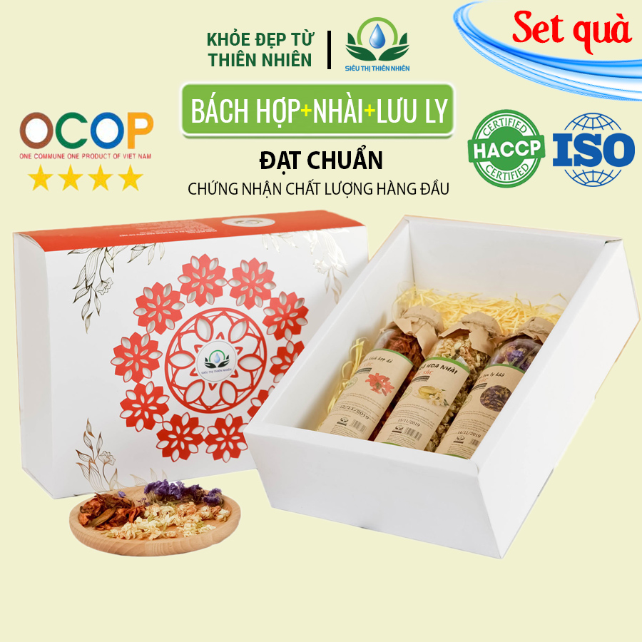 Hộp quà tặng trà hoa cao cấp - Set 14: Trà hoa bách hợp đỏ, Hoa nhài, Lưu ly