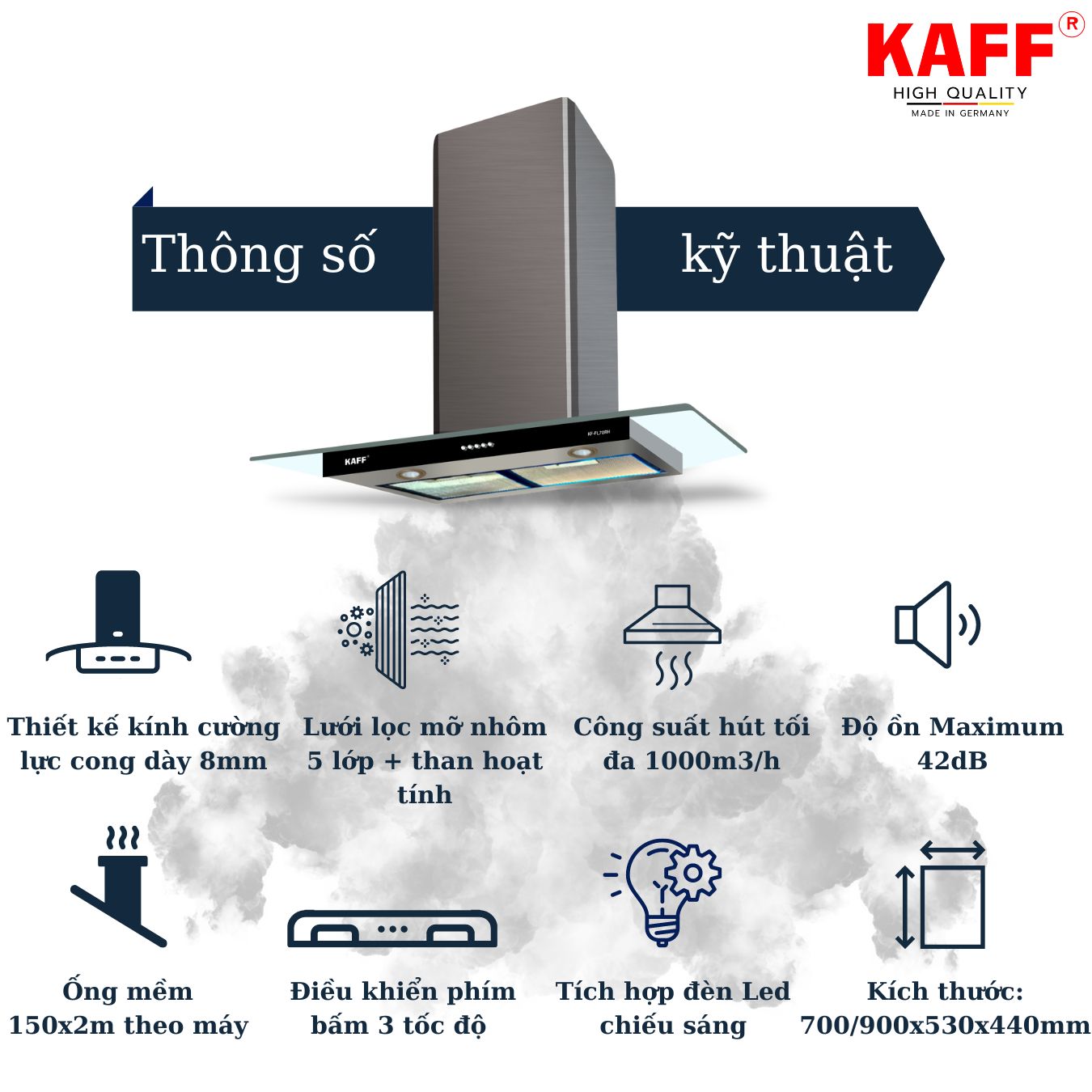 Máy hút mùi toa kính 900mm KAFF KF_FL90RH Tặng bộ lọc than thay thế _ Hàng Chính Hãng