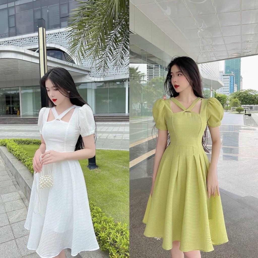 FREE SHIP ĐẦM VÁY NỮ CỔ YẾM TAY NGẮN CHẤT LIỆU XÔ Y MẪU  KIM GIA DS