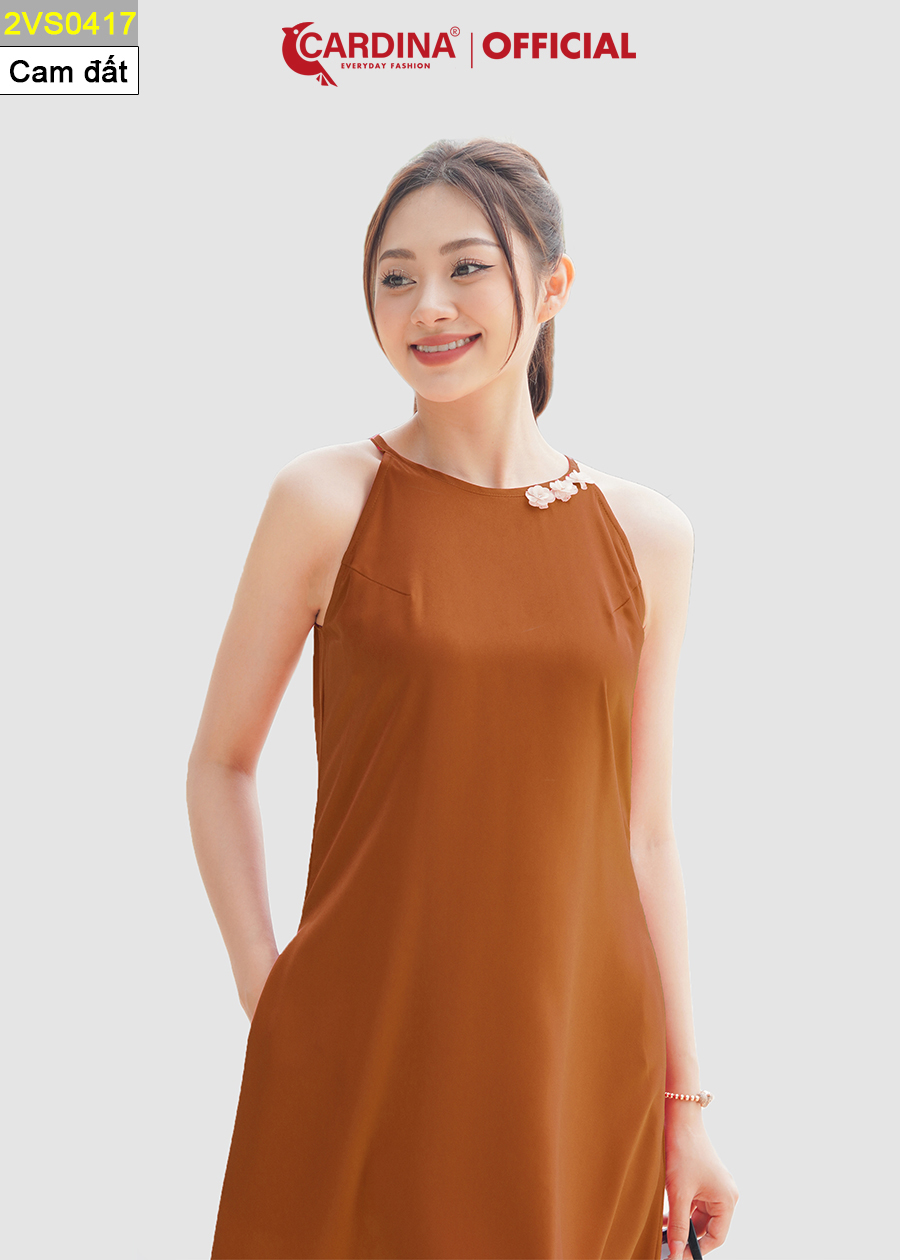 Đầm Nữ CARDINA Chất Lụa Satin Nhật Cao Cấp Cổ Yếm Đính Hoa Dáng Suông Quyến Rũ 2VS04