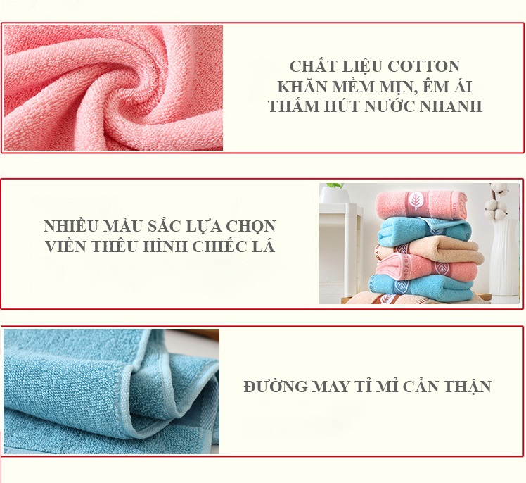 Khăn Mặt Cotton Khăn Tắm 35x75cm Viền Thêu Lá Êm Mịn, Thấm Nước