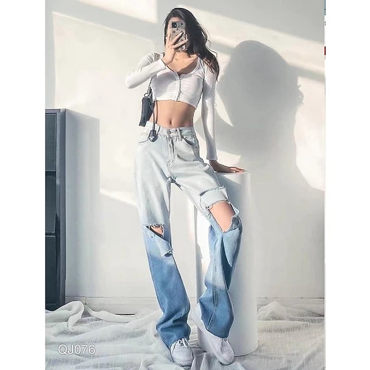 Quần Jean Nữ Ống Rộng Lưng Cao Trơn Loang 2 Màu Rách Gối Kiểu ULZZANG
