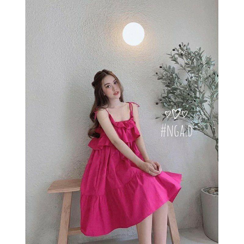Váy 2 dây hồng babydoll bèo xòe, đầm thiết kế 2 dây đi biển, đầm 2 dây bầu mặc oki