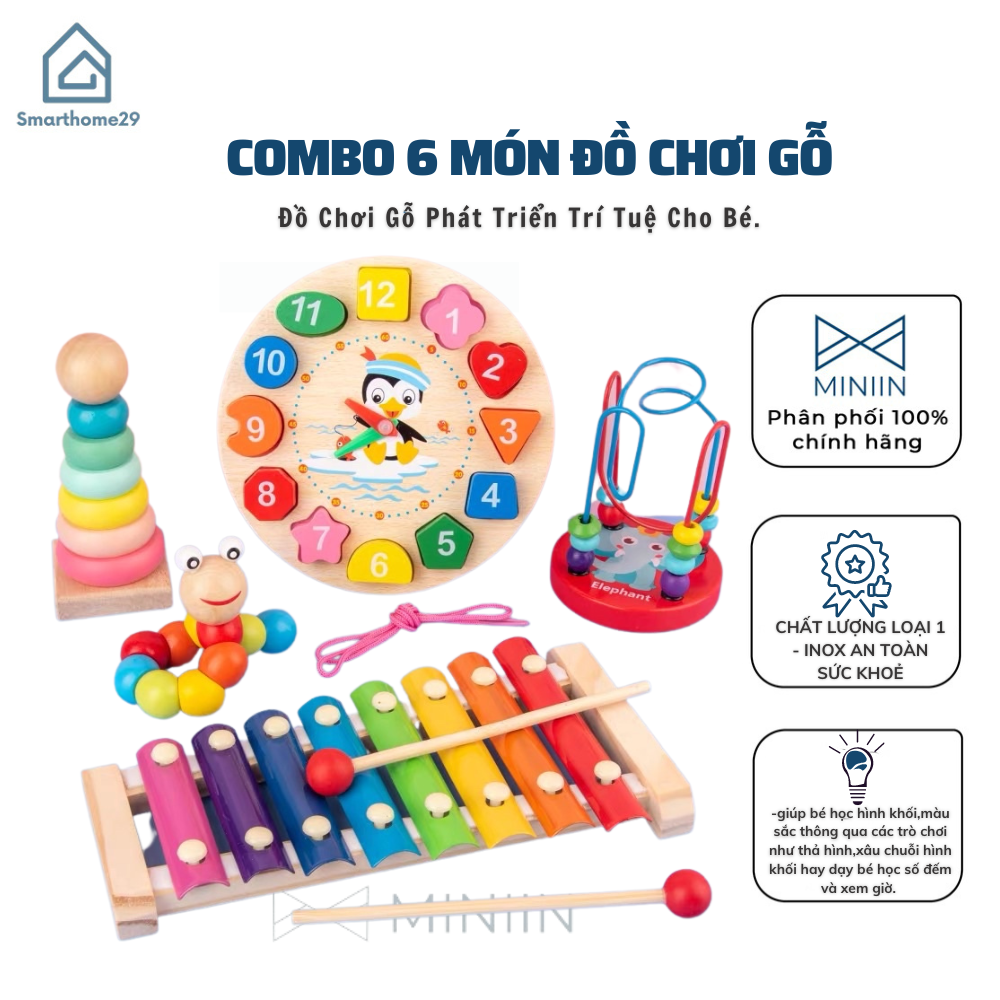Combo 6 Món Đồ Chơi Gỗ Phát Triển Trí Tuệ Cho Bé - Đồ Chơi Gỗ Thông Minh, An Toàn Cho Bé - Hàng Chính Hãng MINIIN