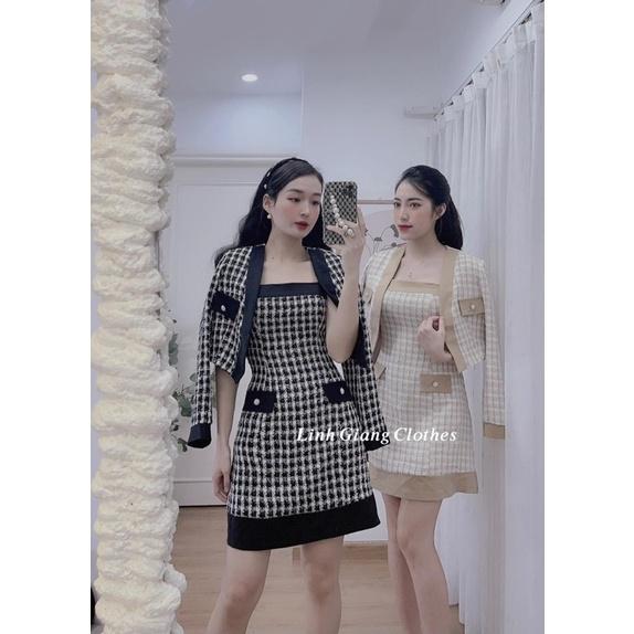 (Clip thật) Set váy dạ tweed + áo khoác ngoài màu đen và vàng cho bạn gái