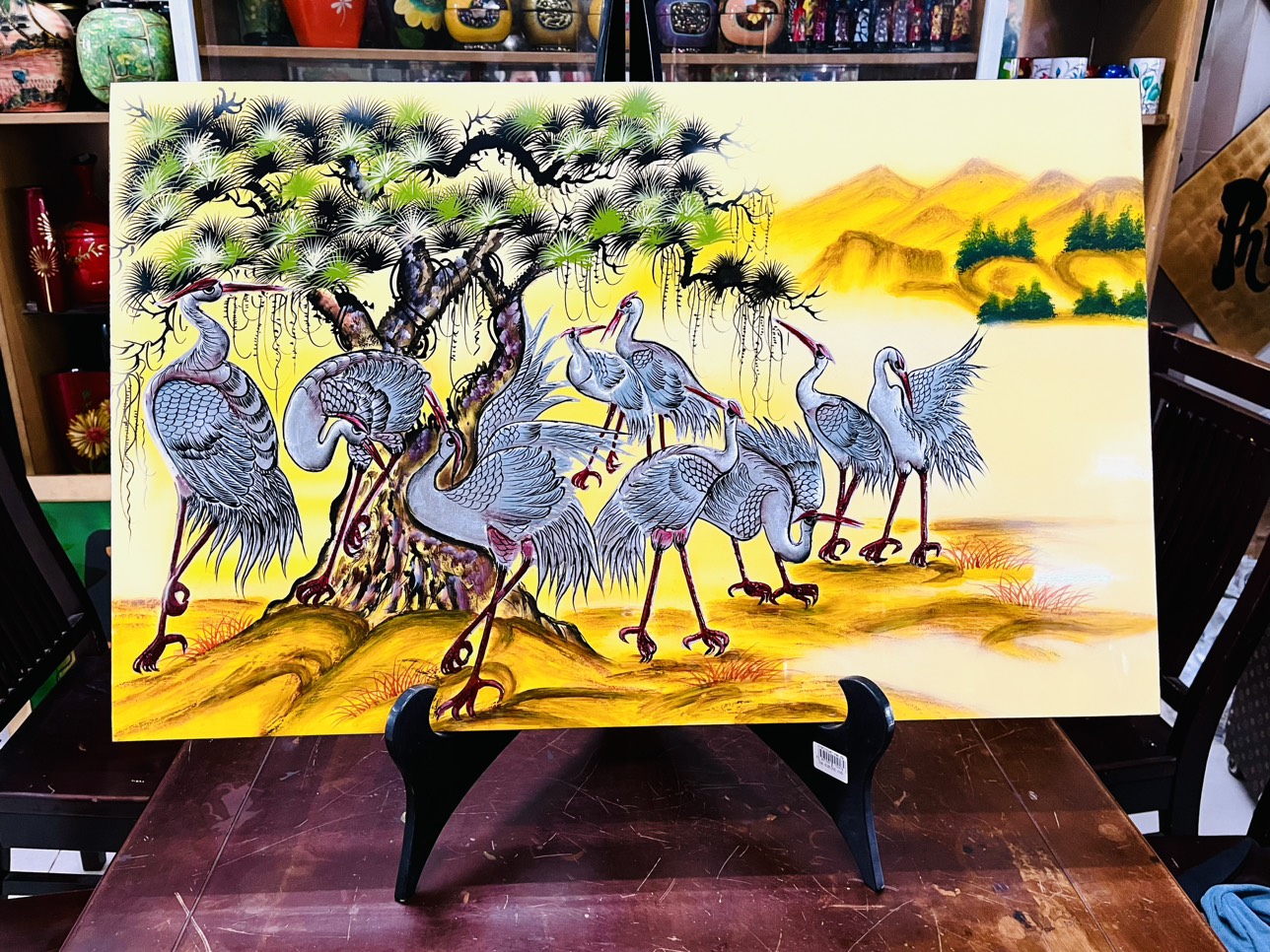 Tranh sơn mài Tùng Hạc đắp nổi màu sắc tươi sáng size 50x80 cm trang trí nhà cửa, làm quà tặng