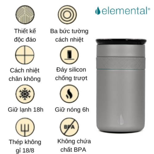 LY GIỮ NHIỆT ELEMENTAL MÀU XÁM (360ML), ĐẠT CHUẨN FDA HOA KỲ, THÉP 304 KHÔNG GỈ, GIỮ NÓNG LẠNH