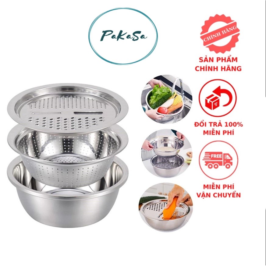 ️ Bộ 3 Món Bào ️ Nạo Rau Củ Kiêm Rổ và Chậu Inox Cao cấp Đa Năng PaKaSa - Chính Hãng 