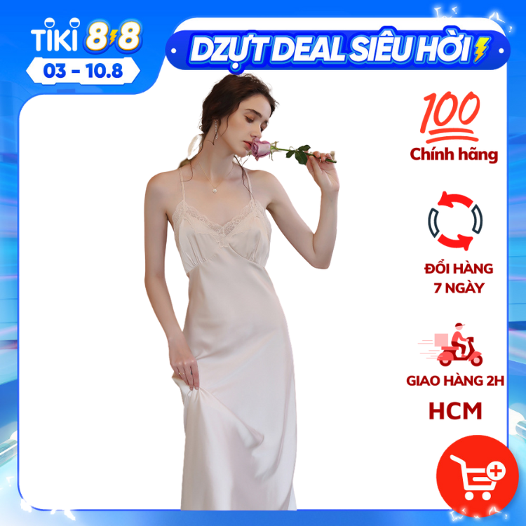 Đầm ngủ, Váy ngủ lụa Pháp (Lụa Latin) thiết kế 2 dây chéo lưng phối ren cao cấp VILADY - V147 (Màu Trắng gạo)
