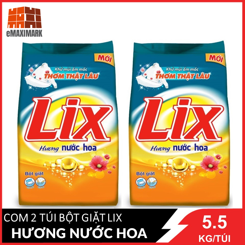 [Nguyên thùng] COMBO 2 gói Bột giặt LIX Hương nước hoa (Cam) khử ẩm mốc, thơm thật lâu 5.5KGX2