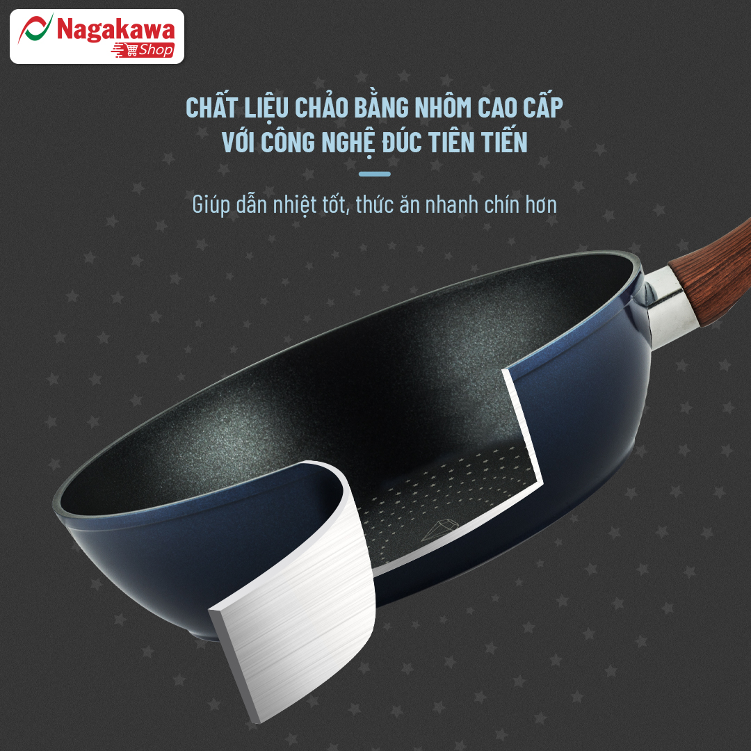 Chảo Sâu Lòng NAG2853 Đáy Từ 5 Lớp Chống Dính Vung Kính Siêu Bền Nagakawa  - Dùng Trên Mọi Loại Bếp - Hàng Chính Hãng