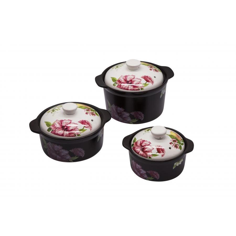 Bộ 3 nồi sứ Royalcooks Santa Rosa 1.3L 2L &amp; 3L nắp trắng hoa