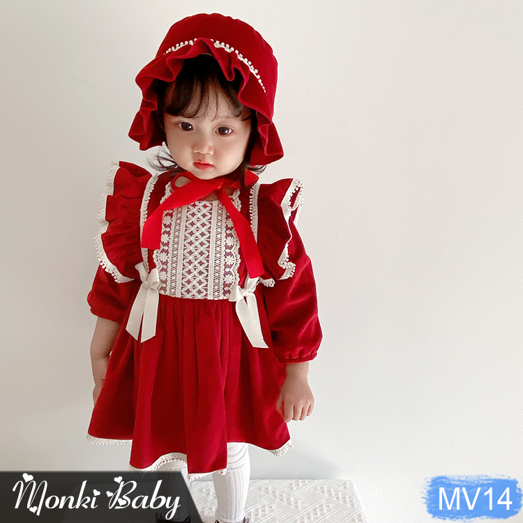 Váy nhung lót lông bé gái dáng babydoll kèm mũ tiểu thư dễ thương, đầm mặc Tết, sinh nhật, sự kiện, chất siêu đẹp | MV14