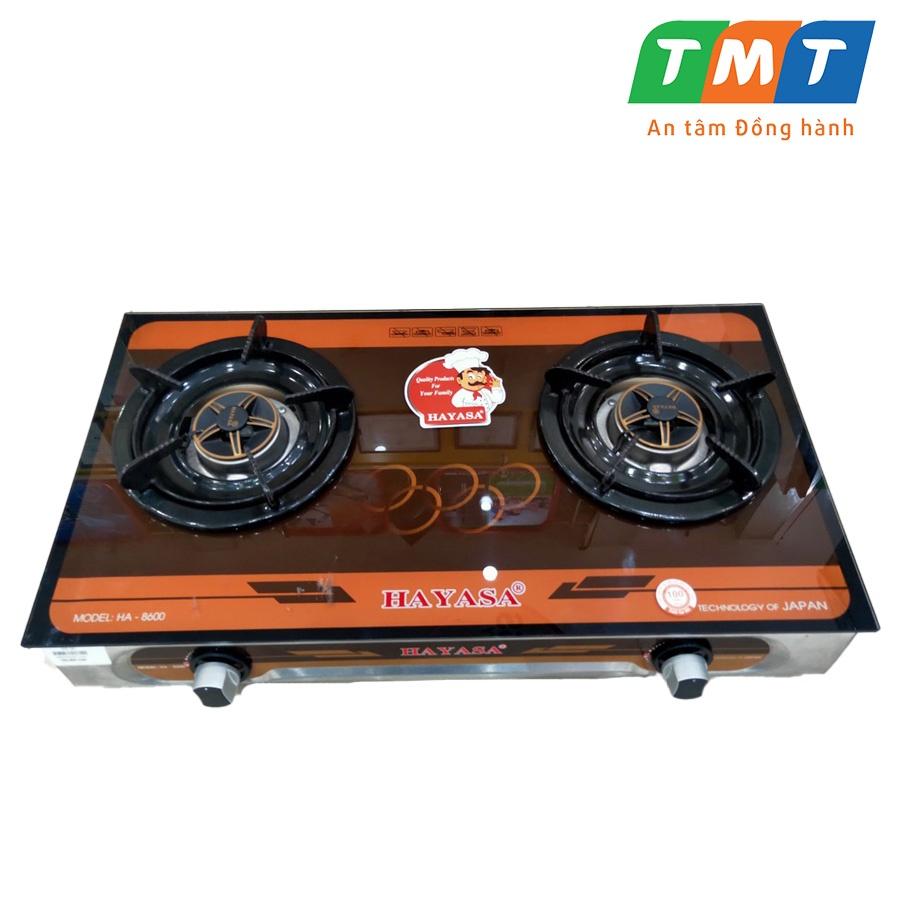 Bếp gas đôi cao cấp kiếng cường lực Hayasa HA-8600, đầu đốt đồng mũ, điếu inox 304, kiềng 5ly