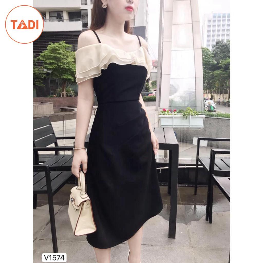 Đầm dự tiệc 2 dây trễ vai màu đen V1574