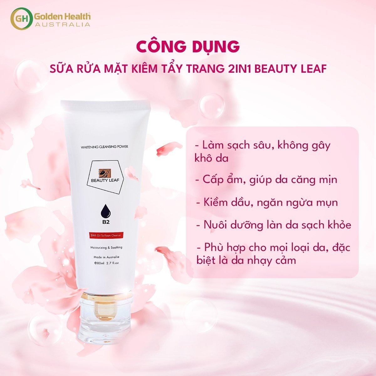 [GOLDEN HEALTH] Sữa Rửa Mặt Kiêm Tẩy Trang 2 Trong 1, Làm Sạch Sâu, Sáng Da, Cấp Ẩm Và Giúp Da Căng Mịn Không Gây Khô Da Beauty Leaf 80ml - Nhập Khẩu Chính Ngạch Từ Úc