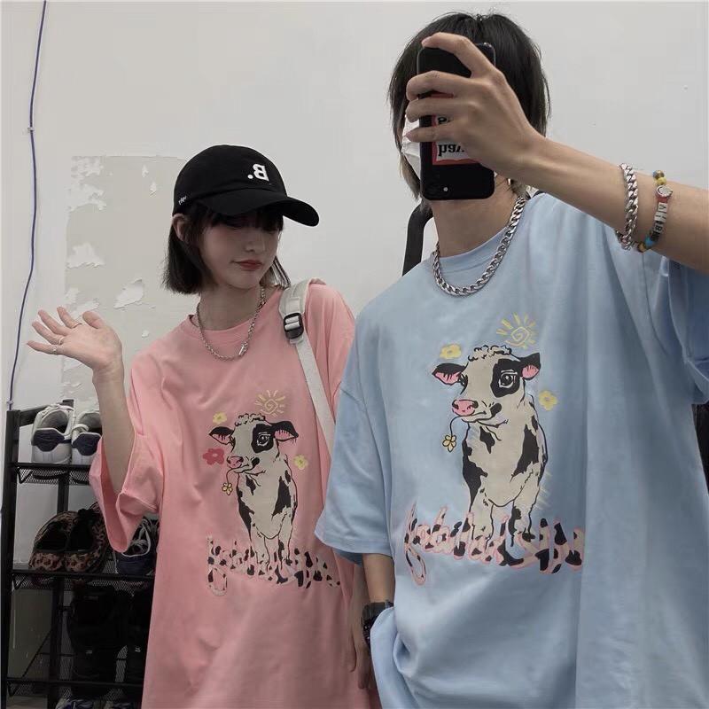 Áo thun unisex freesize bò sữa ảnh thật tay lỡ cổ tròn làm áo đôi áo nhóm 2021