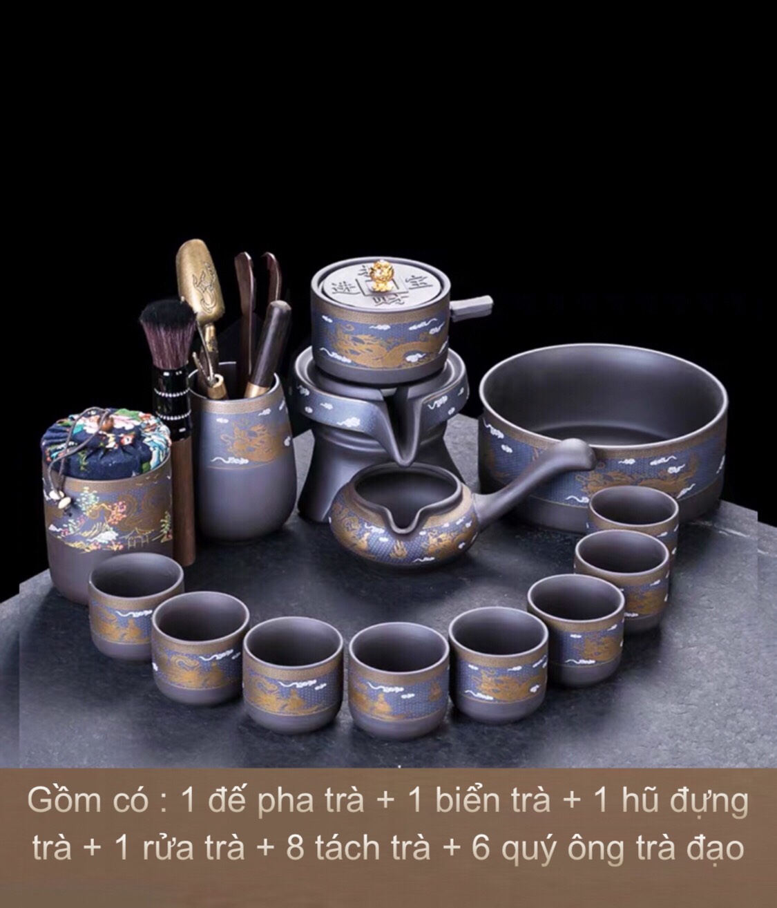 Bộ Ấm Chén Pha Trà Cối Xay Tự Động Rồng Phượng Gốm Sứ ,Cát Tím Độc Đáo ,18,17, 8 ,6 Chi Tiết