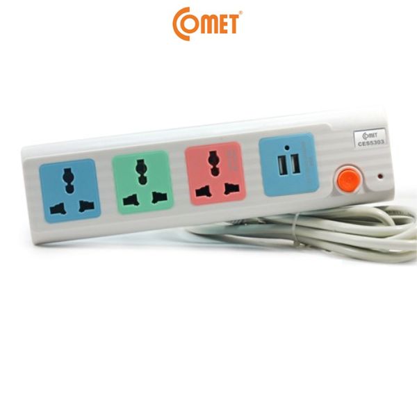 Ổ Cắm Điện Nối Dài COMET CES5303 2500W Dây 3M, 3 Ổ Cắm 3 Chấu, 2 Cổng Sạc USB