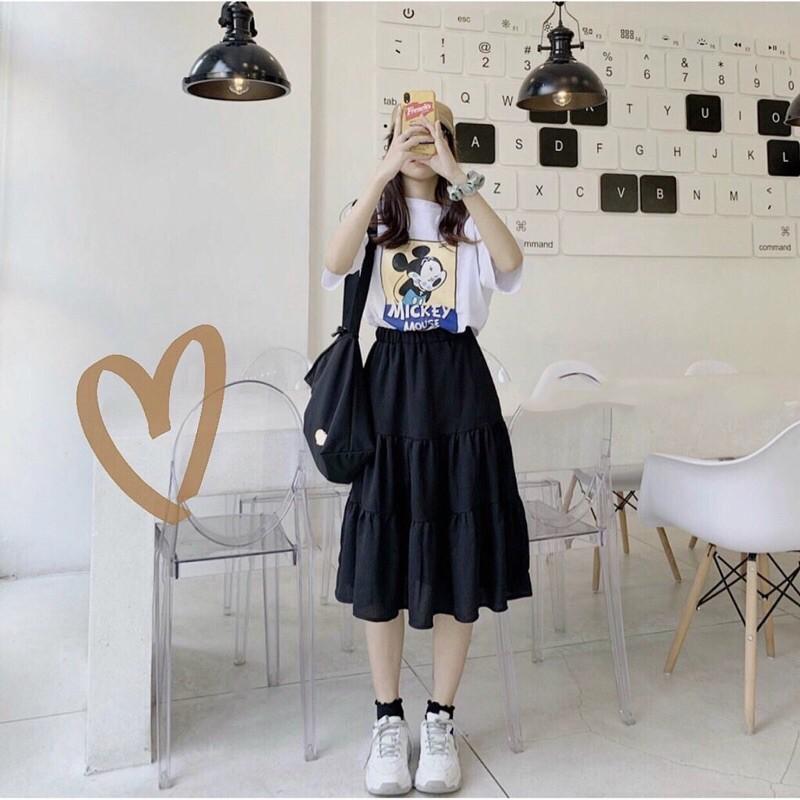 Chân váy voan xoè dáng dài phong cách ulzzang thời trang nữ có lót trong màu trắng đen -CV017