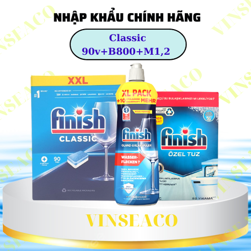 Combo rửa bát Finish: Nước làm bóng Chai 750ml, Hộp classic 90 Viên, Muối hộp 1,5kg - chính hãng