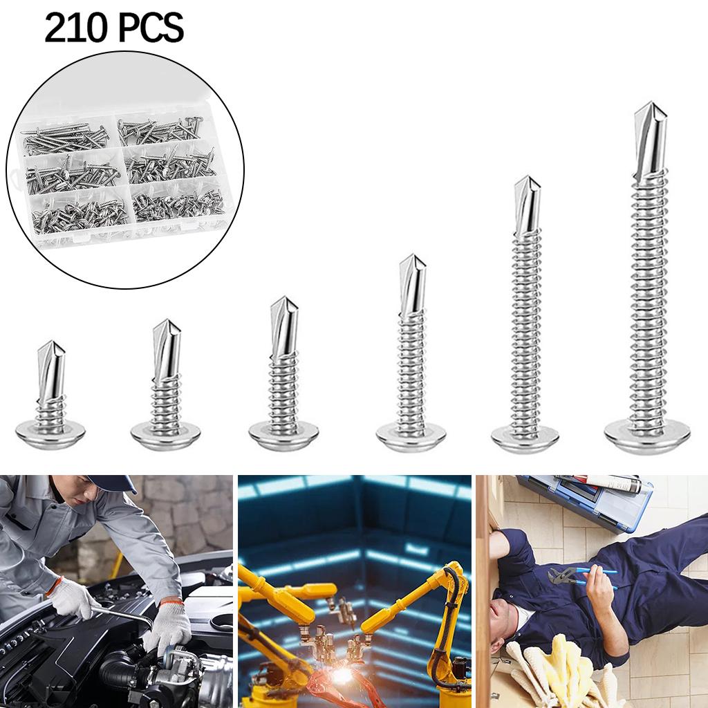 210pcs Self-Drilling Screws Kits 6 Sizes Phillips Head 13 19 25 32 38 50mm Screw Set Nail for Wood Home Garages Repair Tool