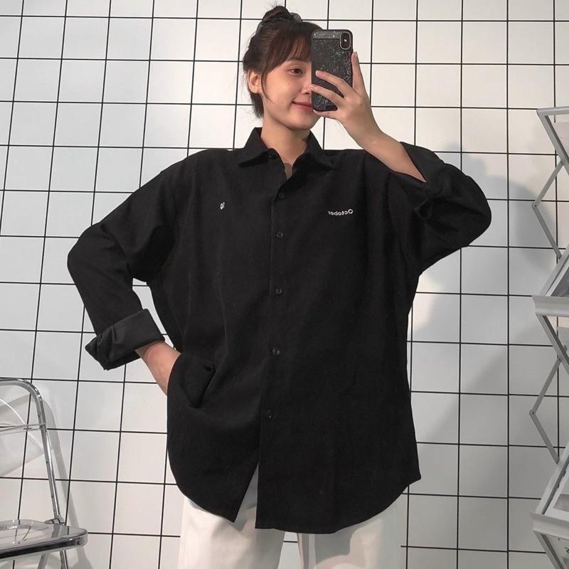 Áo Khoác Sơmi Chất Da Lộn Basic Logo Thêu Sắc Nét Form Rộng Unisex, Áo Sơ Mi Nhung/ Áo Khoác kiểu dáng sơ mi Chất Nhung thêu logo túi - From Rộng Nam Nữ Phong Cách HÀN