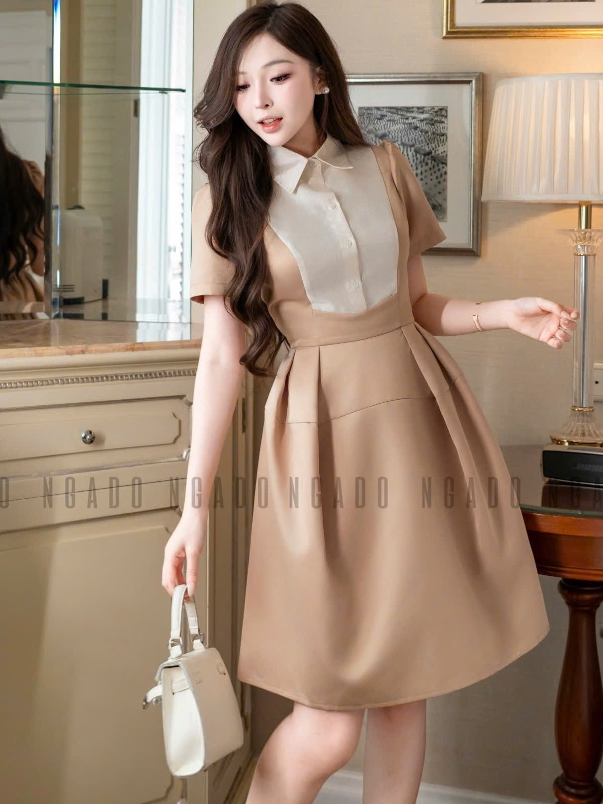 Đầm nâu cổ phối trắng NGADO , đầm dạo phố , đầm công sở